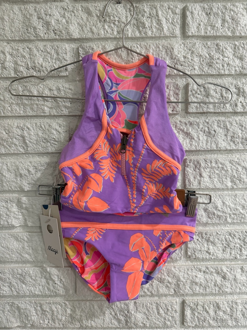 Maaji Girls Poly Purple & Orange Floral Zip-Front Two-Piece Swim Set